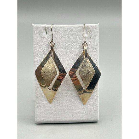 Sterling Silver Diamond Shaped Dangles Earrings Pierced Drops 925 Textured - Picture 2 of 6